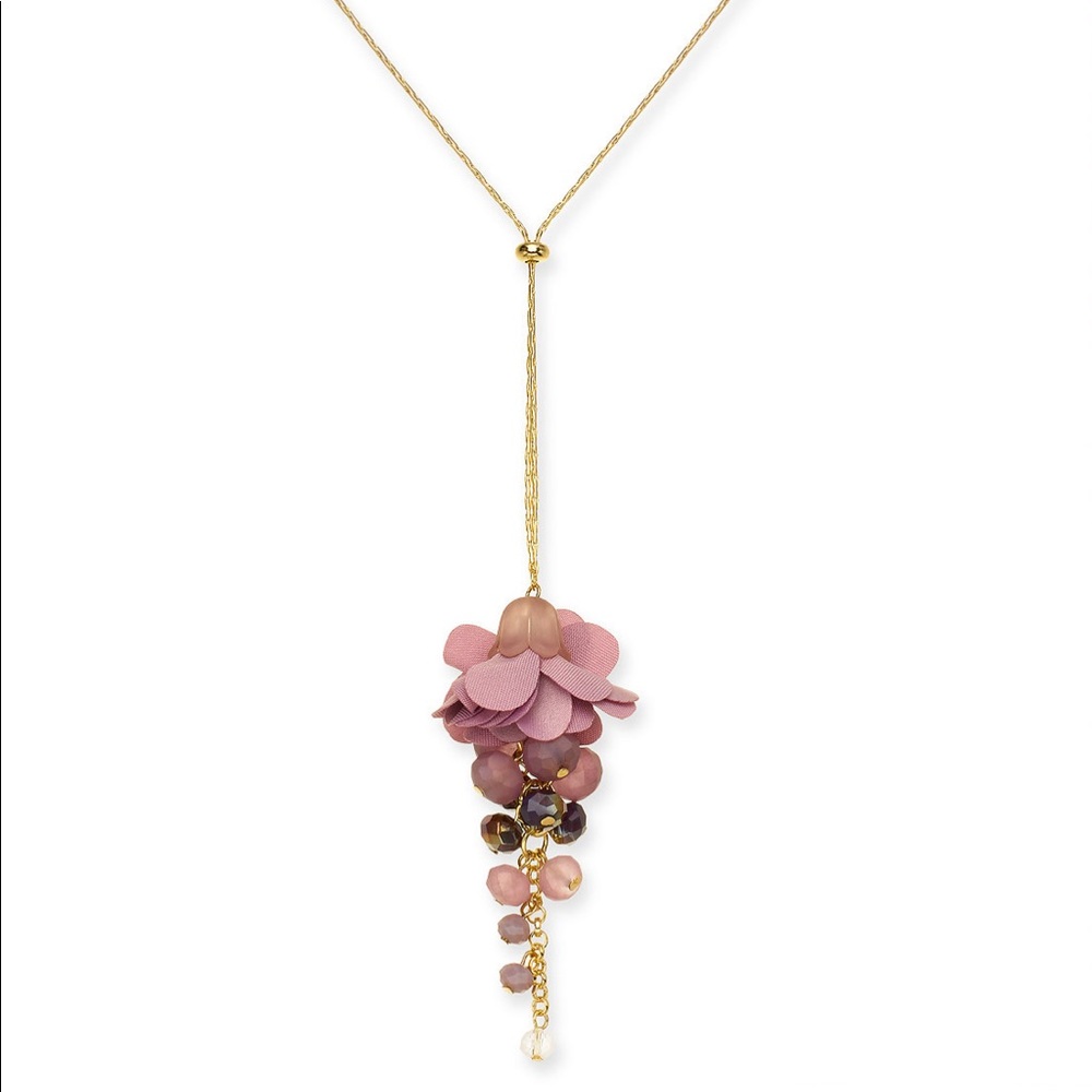 INC gold tone purple beaded & flower drop necklace